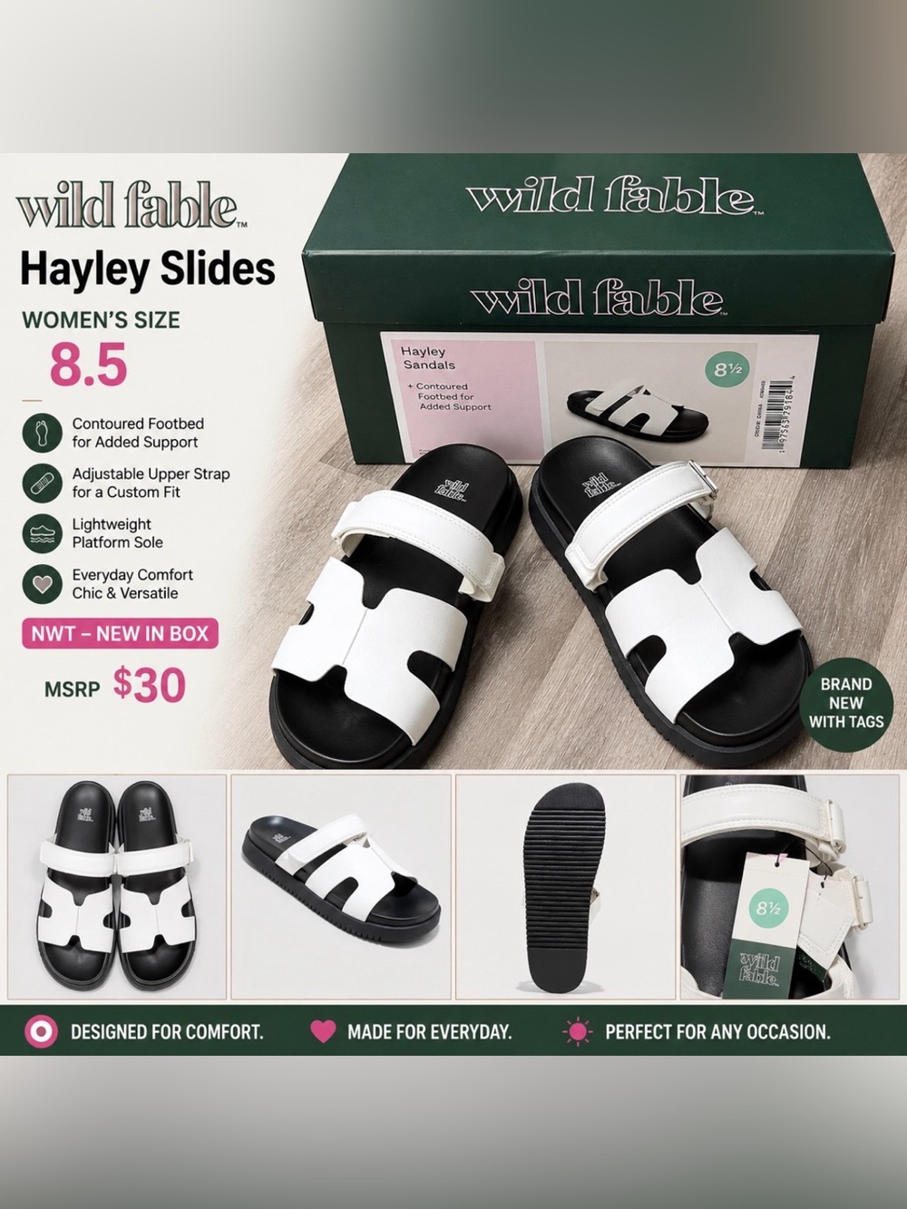 Wild Fable Hayley Slides Sandals NWT Women’s Size 8.5 White Adjustable Strap